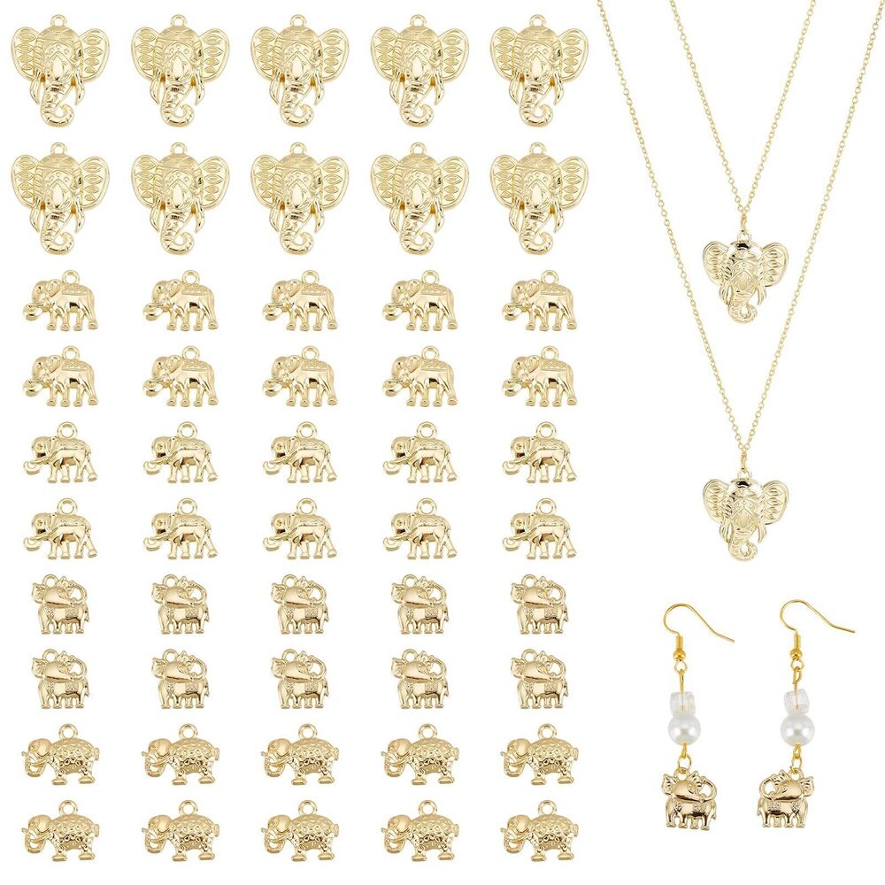 4481 50Pcs 5 Styles Lucky Elephant Pendants Rack Plating Elephant Charms